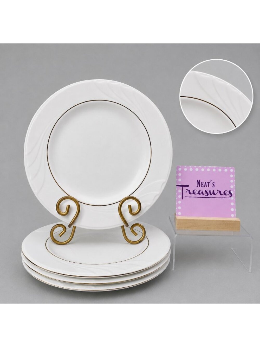 Gibson GOLDEN EMBRACE Embossed Curves Rim Gold Ring Ceramic Dinner Plate Set 4